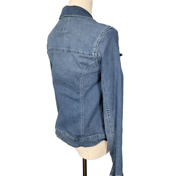 Guess Jacket Med Rigby Denim Moto Zip Distressed Blue Jean Stretch Denim Zip - Picture 10 of 17